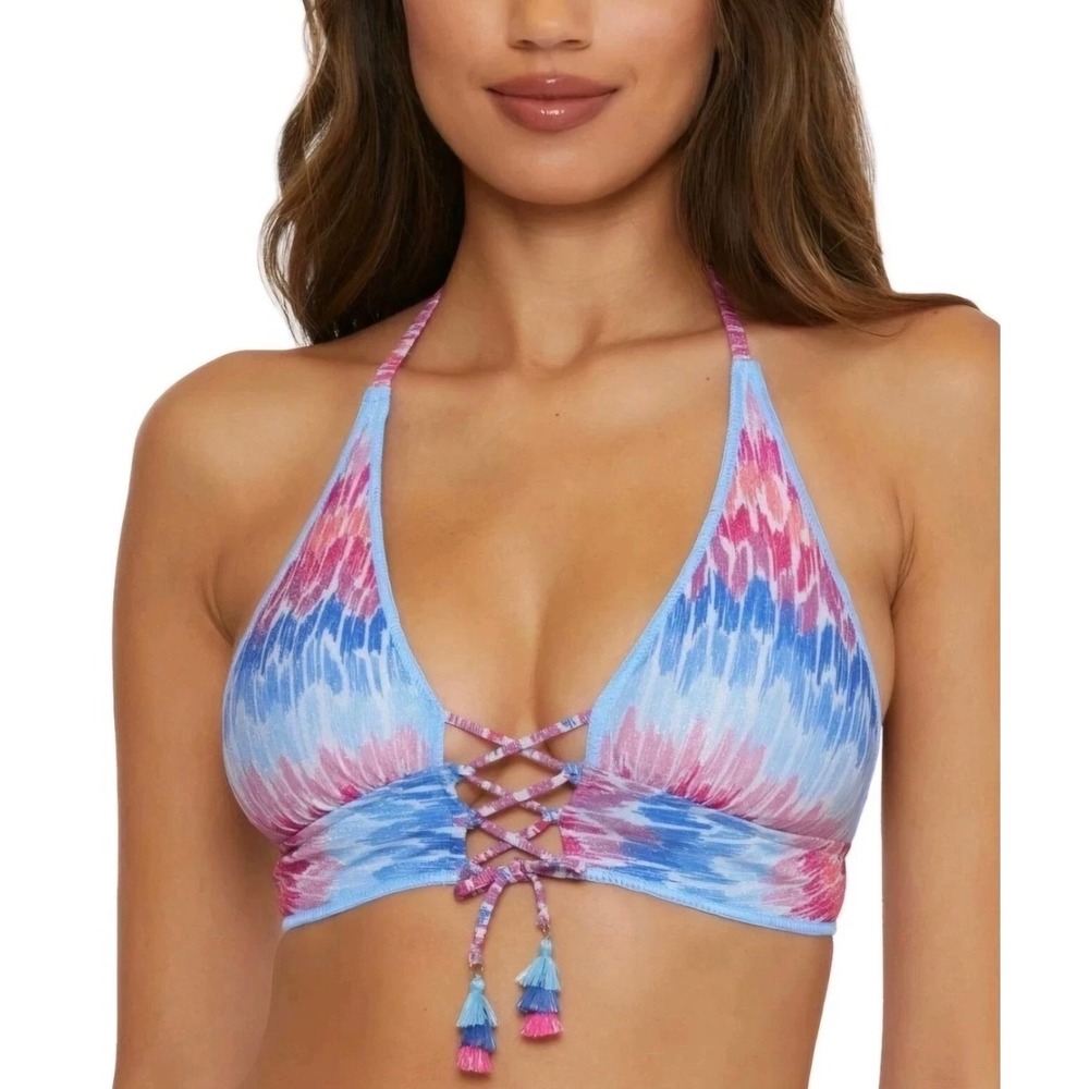 BECCA by Rebecca Virtue Ikat Print Lace Up Halter‎ Bikini Top Blue Pink Sz Small